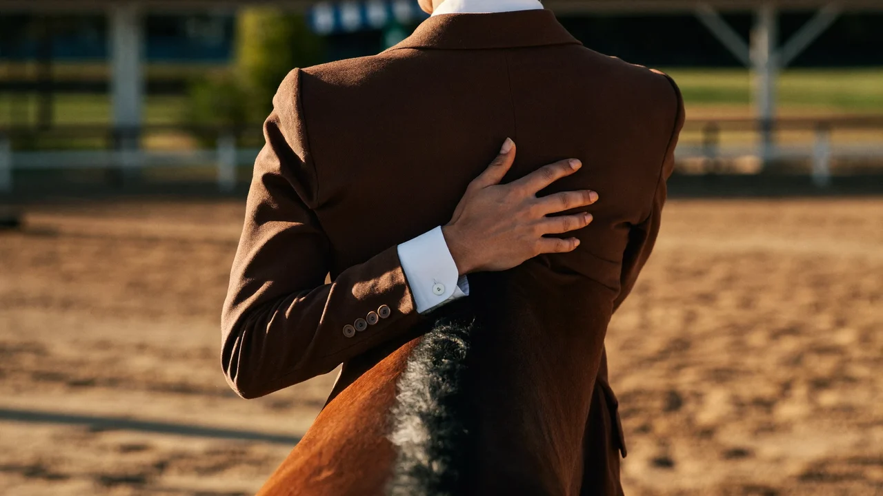 Mani che accarezzano il collo di un cavallo dopo la lezione, maneggio sfocato
